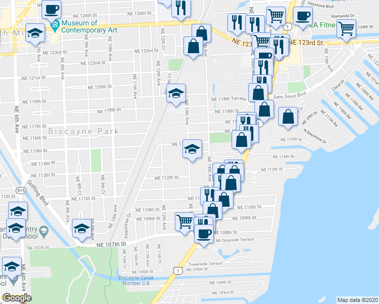 map of restaurants, bars, coffee shops, grocery stores, and more near 11422 Northeast 13th Avenue in Miami