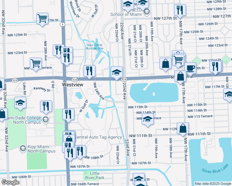 map of restaurants, bars, coffee shops, grocery stores, and more near 11704 Northwest 22nd Court in Miami
