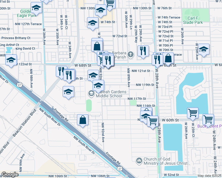 map of restaurants, bars, coffee shops, grocery stores, and more near 9100 Northwest 119th Street in Hialeah