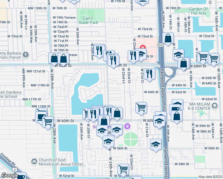 map of restaurants, bars, coffee shops, grocery stores, and more near 38 West 63rd Street in Hialeah