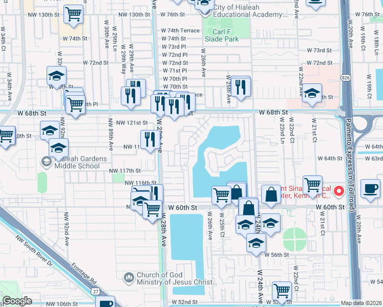 map of restaurants, bars, coffee shops, grocery stores, and more near 455 West 27th Avenue in Hialeah