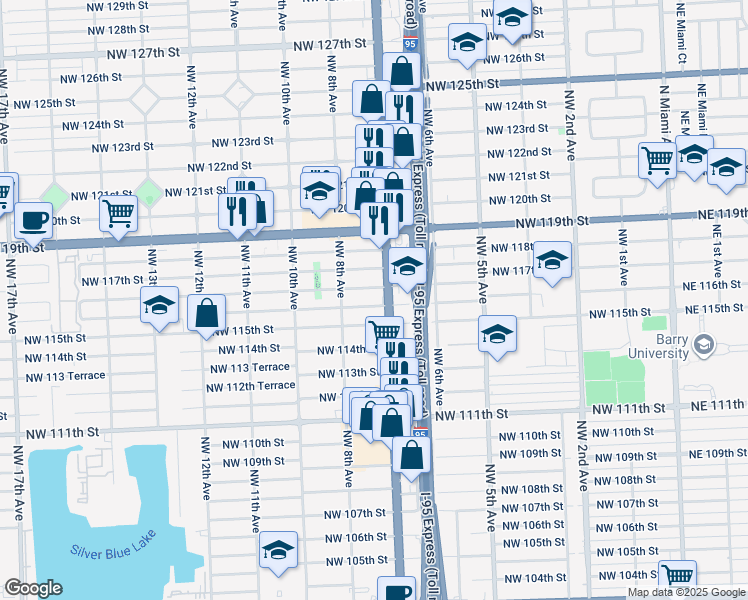 map of restaurants, bars, coffee shops, grocery stores, and more near 729 Northwest 116th Street in Miami