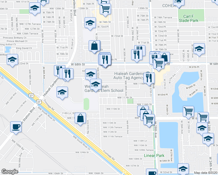 map of restaurants, bars, coffee shops, grocery stores, and more near 9100 Northwest 119th Street in Hialeah
