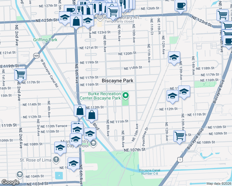 map of restaurants, bars, coffee shops, grocery stores, and more near 850 Northeast 115th Street in Biscayne Park