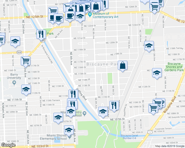 map of restaurants, bars, coffee shops, grocery stores, and more near 768 Northeast 115th Street in Biscayne Park