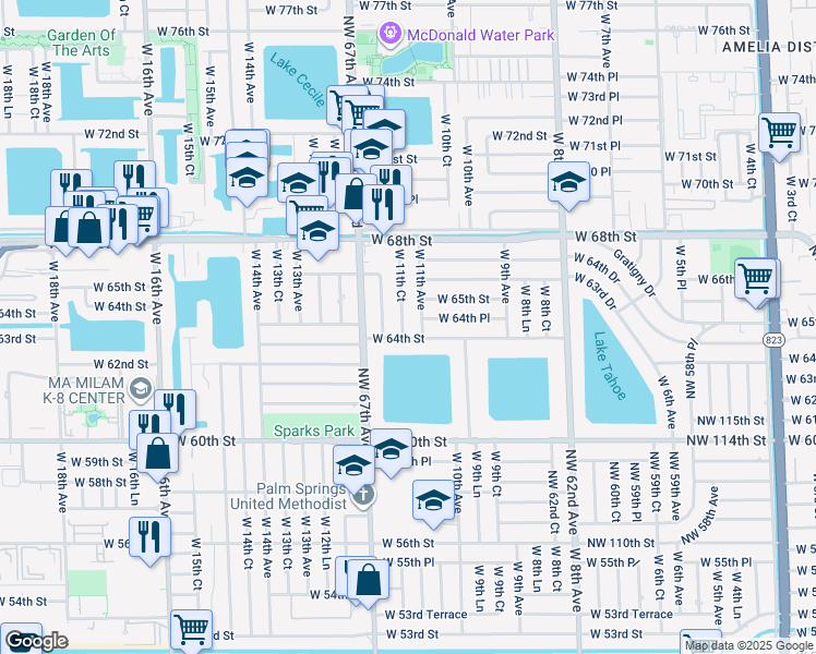 map of restaurants, bars, coffee shops, grocery stores, and more near 6433 West 11th Court in Hialeah