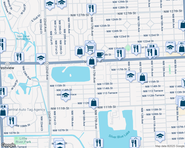 map of restaurants, bars, coffee shops, grocery stores, and more near 11620 Northwest 17th Avenue in Miami