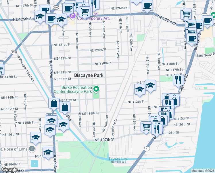 map of restaurants, bars, coffee shops, grocery stores, and more near 11409 Northeast 10th Avenue in Biscayne Park