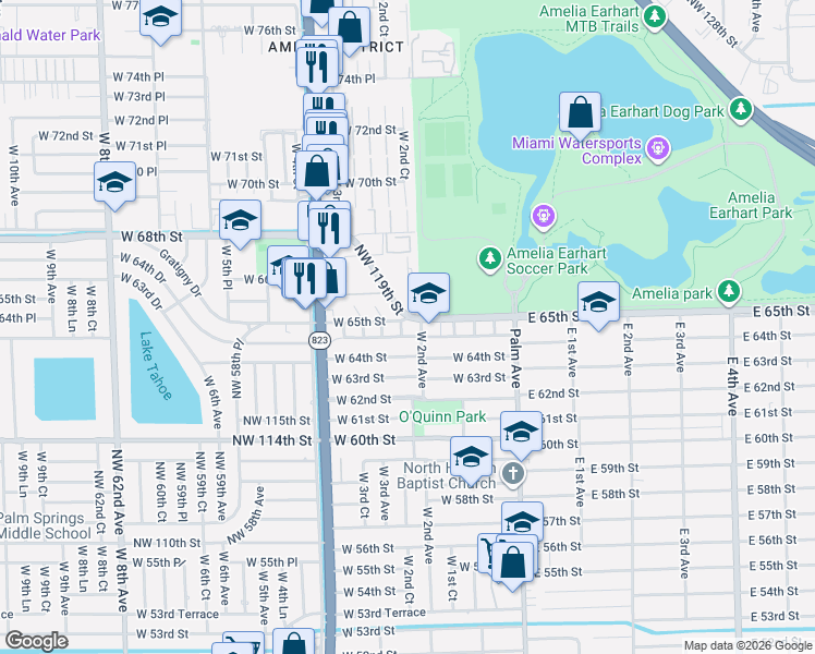map of restaurants, bars, coffee shops, grocery stores, and more near 6490 West 2nd Avenue in Hialeah