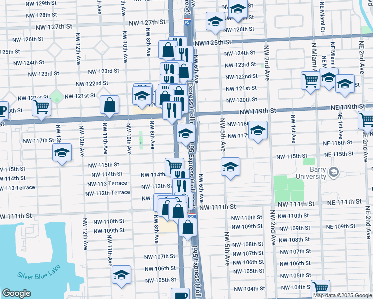 map of restaurants, bars, coffee shops, grocery stores, and more near 651 Northwest 116th Street in Miami