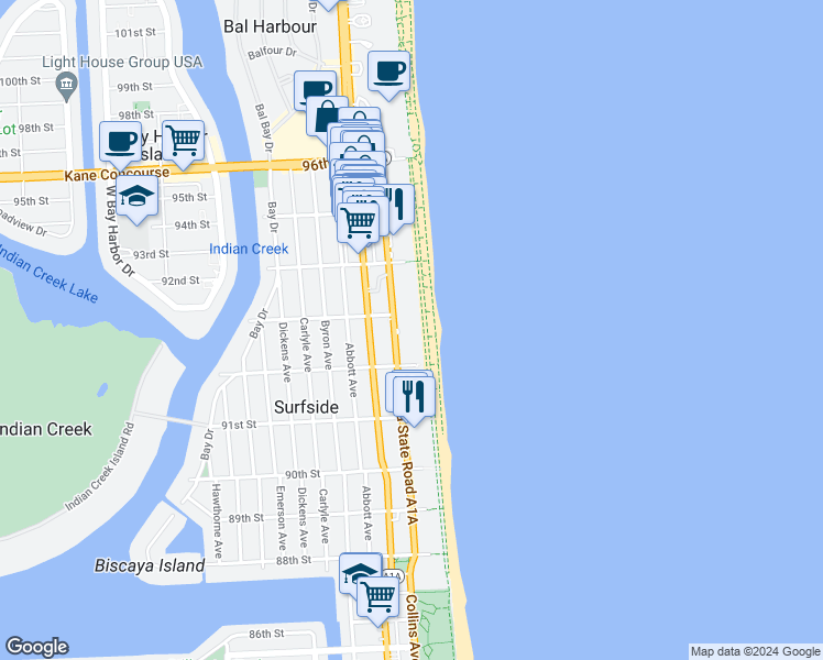 map of restaurants, bars, coffee shops, grocery stores, and more near 9241 Collins Avenue in Surfside
