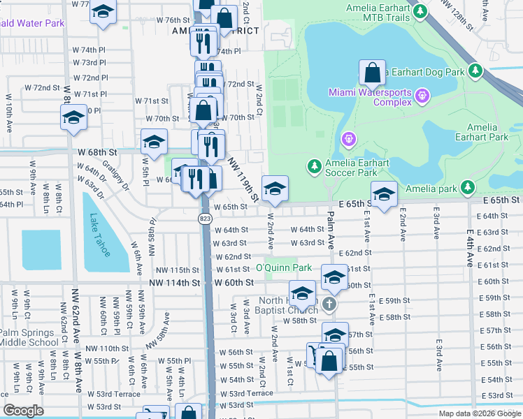 map of restaurants, bars, coffee shops, grocery stores, and more near 6490 West 2nd Avenue in Hialeah