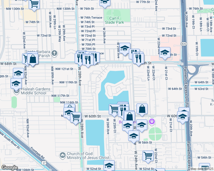 map of restaurants, bars, coffee shops, grocery stores, and more near 2464 West 65th Street in Hialeah