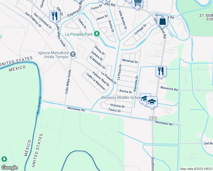 map of restaurants, bars, coffee shops, grocery stores, and more near 4686 Palacio Real Drive in Brownsville
