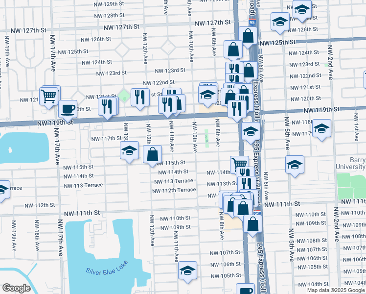 map of restaurants, bars, coffee shops, grocery stores, and more near 1050 Northwest 116th Terrace in Miami