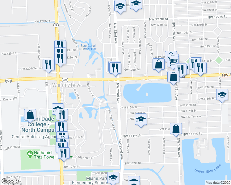 map of restaurants, bars, coffee shops, grocery stores, and more near 11714 Northwest 22nd Avenue in Miami