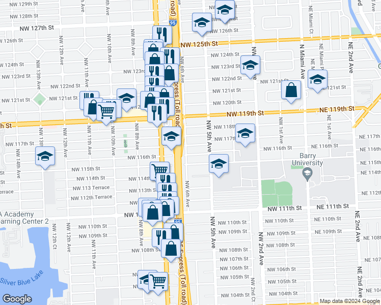 map of restaurants, bars, coffee shops, grocery stores, and more near 585 Northwest 116th Street in Miami