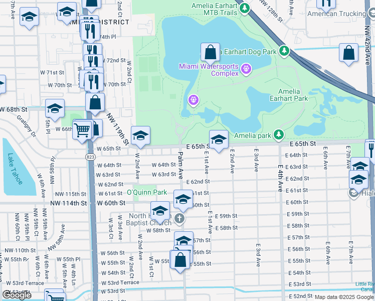 map of restaurants, bars, coffee shops, grocery stores, and more near 24 East 65th Street in Hialeah