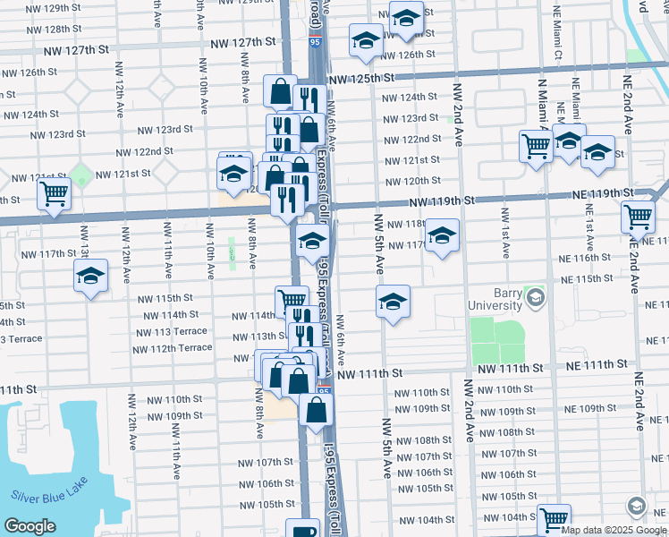 map of restaurants, bars, coffee shops, grocery stores, and more near 585 Northwest 116th Street in Miami