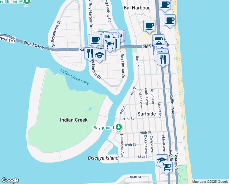 map of restaurants, bars, coffee shops, grocery stores, and more near 9100 West Bay Harbor Drive in Bay Harbor Islands