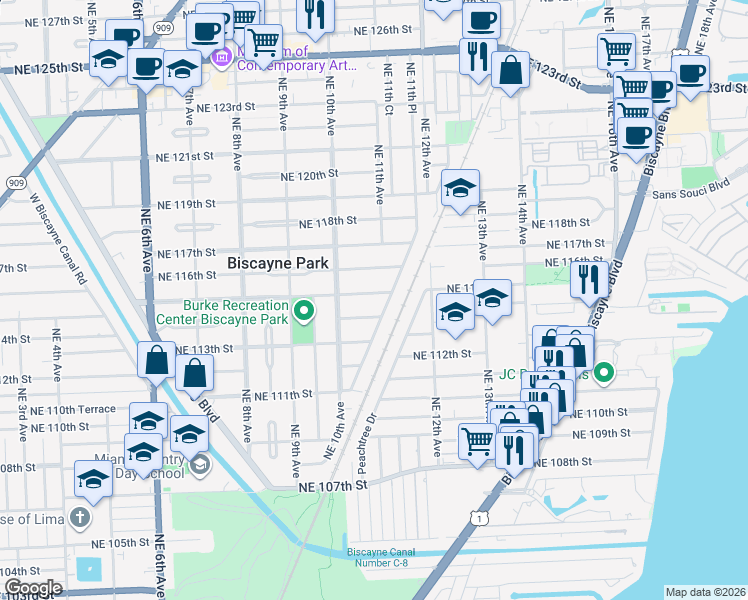 map of restaurants, bars, coffee shops, grocery stores, and more near 1090 Northeast 115th Street in Biscayne Park