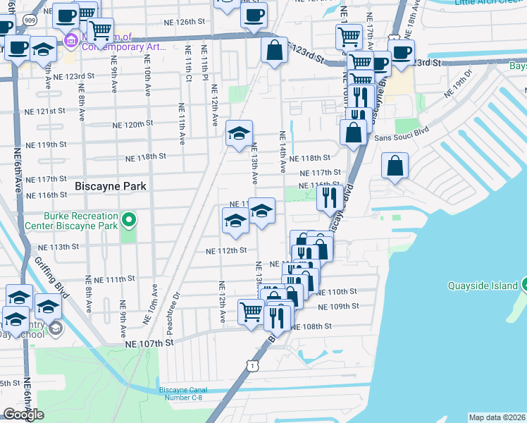 map of restaurants, bars, coffee shops, grocery stores, and more near 1321 Northeast 114th Terrace in Miami