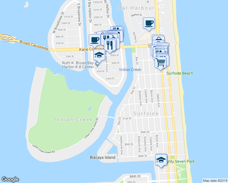 map of restaurants, bars, coffee shops, grocery stores, and more near 9100 West Bay Harbor Drive in Bay Harbor Islands