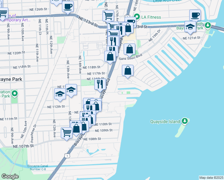 map of restaurants, bars, coffee shops, grocery stores, and more near 11401 Biscayne Boulevard in Miami