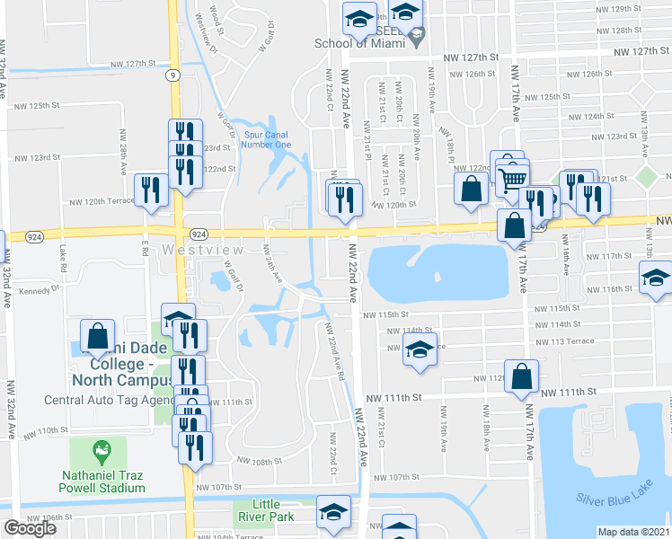 map of restaurants, bars, coffee shops, grocery stores, and more near 11714 Northwest 22nd Avenue in Miami