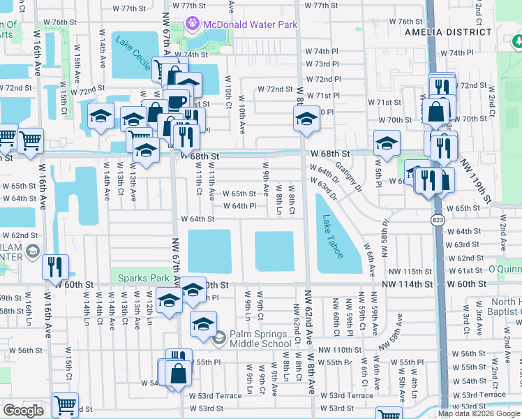 map of restaurants, bars, coffee shops, grocery stores, and more near 957 West 64th Street in Hialeah