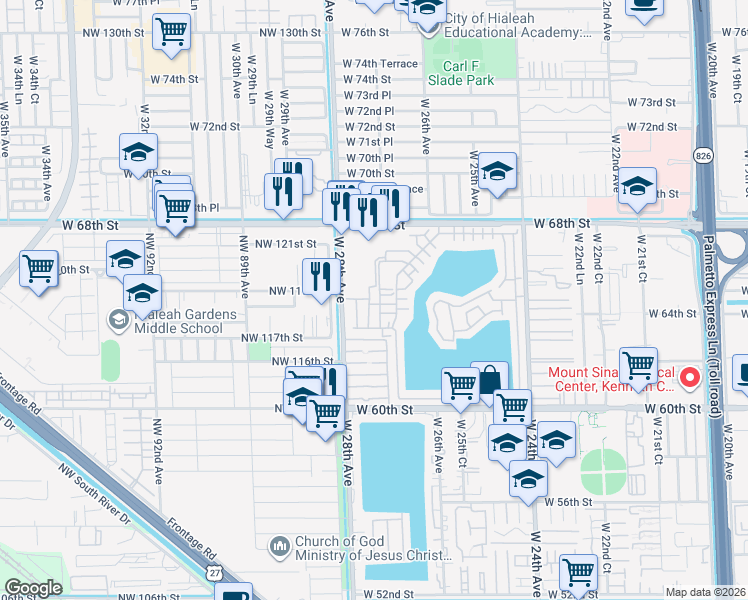 map of restaurants, bars, coffee shops, grocery stores, and more near 104 West 64th Place in Hialeah