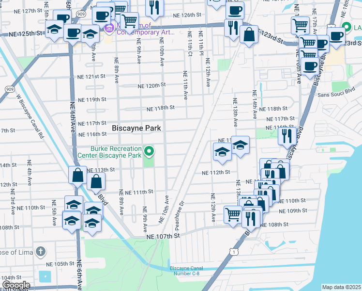 map of restaurants, bars, coffee shops, grocery stores, and more near 1090 Northeast 115th Street in Biscayne Park