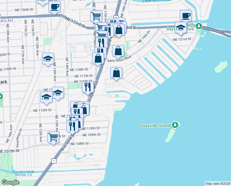 map of restaurants, bars, coffee shops, grocery stores, and more near 1601 Northeast 114th Street in Miami