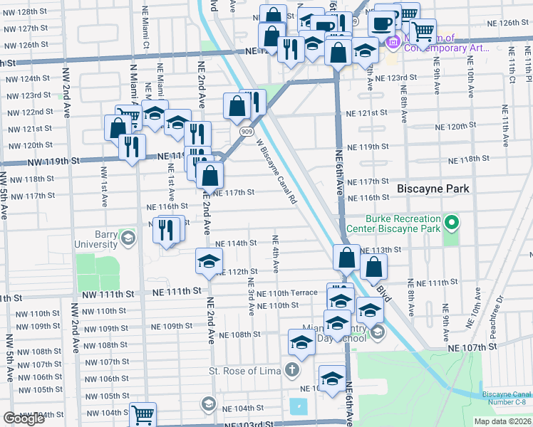 map of restaurants, bars, coffee shops, grocery stores, and more near 400 Northeast 116th Street in Miami