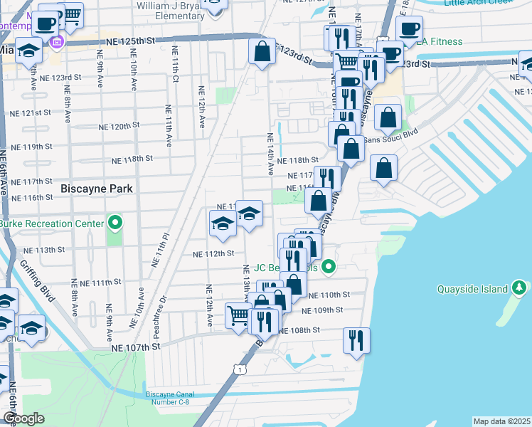map of restaurants, bars, coffee shops, grocery stores, and more near 1361 Northeast 114th Terrace in Miami