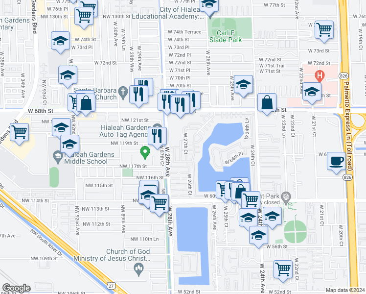 map of restaurants, bars, coffee shops, grocery stores, and more near 104 West 64th Place in Hialeah