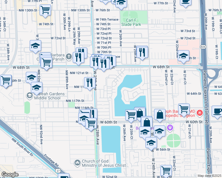 map of restaurants, bars, coffee shops, grocery stores, and more near 455 West 27th Avenue in Hialeah