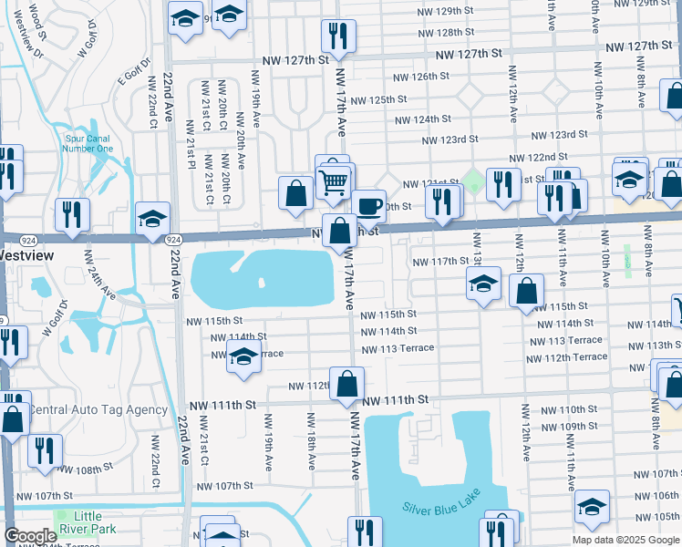 map of restaurants, bars, coffee shops, grocery stores, and more near 11620 Northwest 17th Avenue in Miami