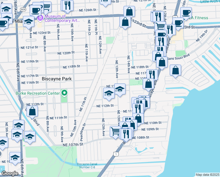 map of restaurants, bars, coffee shops, grocery stores, and more near 1222 Northeast 115th Street in Miami