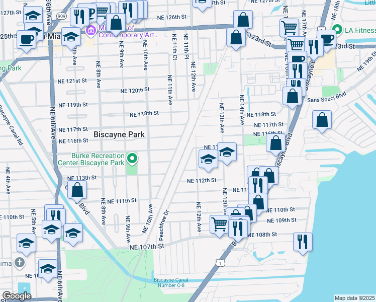map of restaurants, bars, coffee shops, grocery stores, and more near 11342 Peachtree Drive in Miami