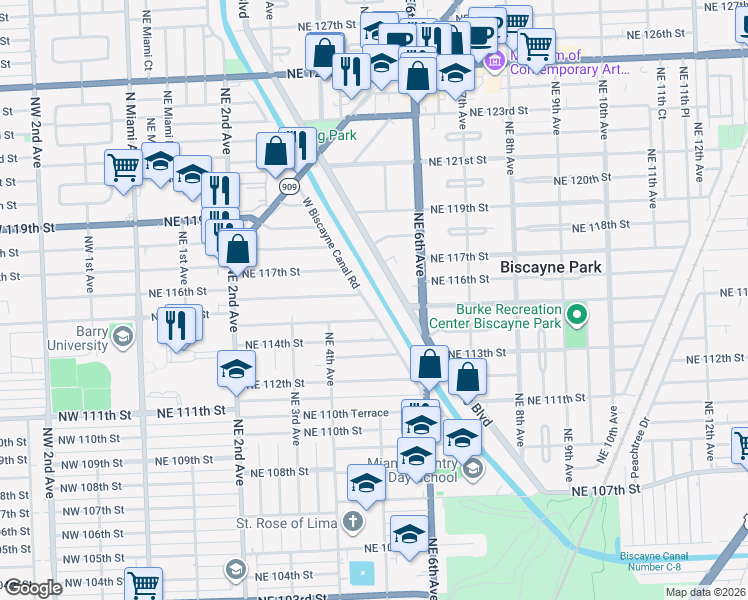 map of restaurants, bars, coffee shops, grocery stores, and more near 11510 West Biscayne Canal Road in Miami
