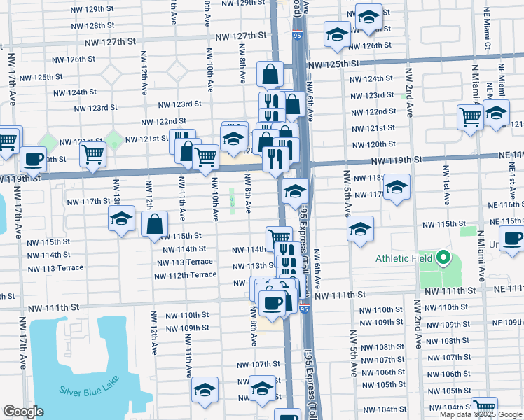 map of restaurants, bars, coffee shops, grocery stores, and more near 729 Northwest 116th Street in Miami