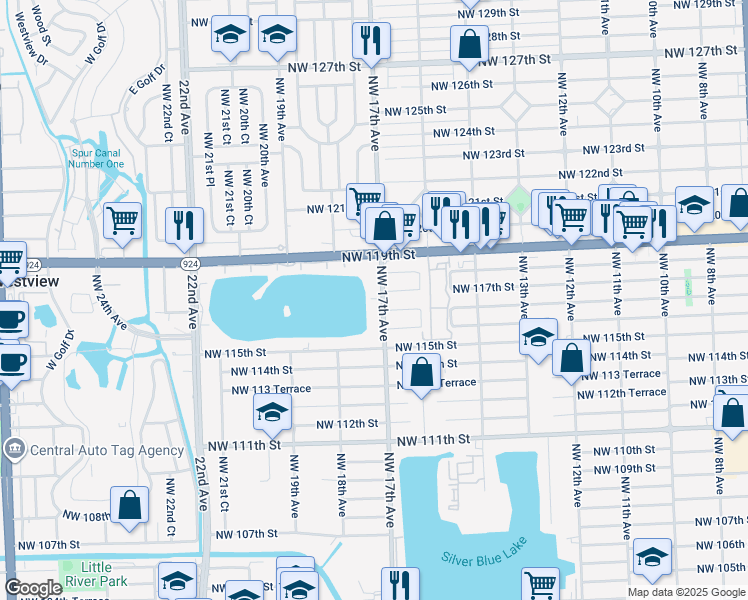 map of restaurants, bars, coffee shops, grocery stores, and more near 11620 Northwest 17th Avenue in Miami