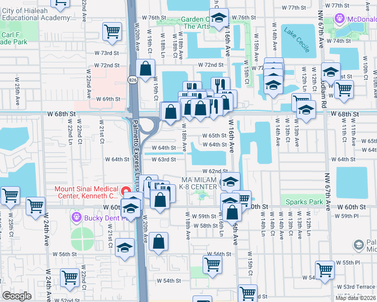 map of restaurants, bars, coffee shops, grocery stores, and more near 6305 West 18th Avenue in Hialeah