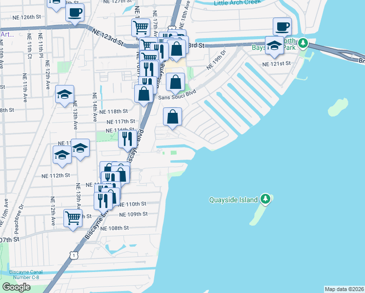 map of restaurants, bars, coffee shops, grocery stores, and more near 1800 Northeast 114th Street in Miami