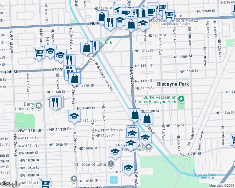 map of restaurants, bars, coffee shops, grocery stores, and more near 11510 West Biscayne Canal Road in Miami
