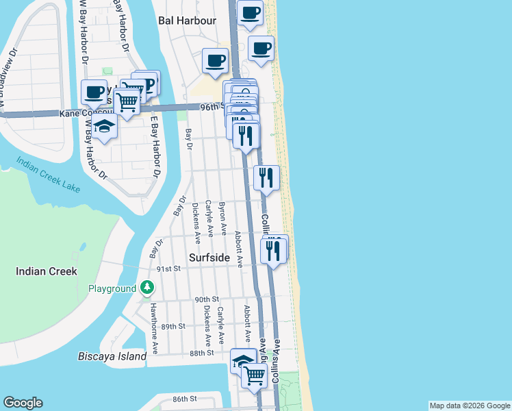 map of restaurants, bars, coffee shops, grocery stores, and more near 9293 Harding Avenue in Surfside