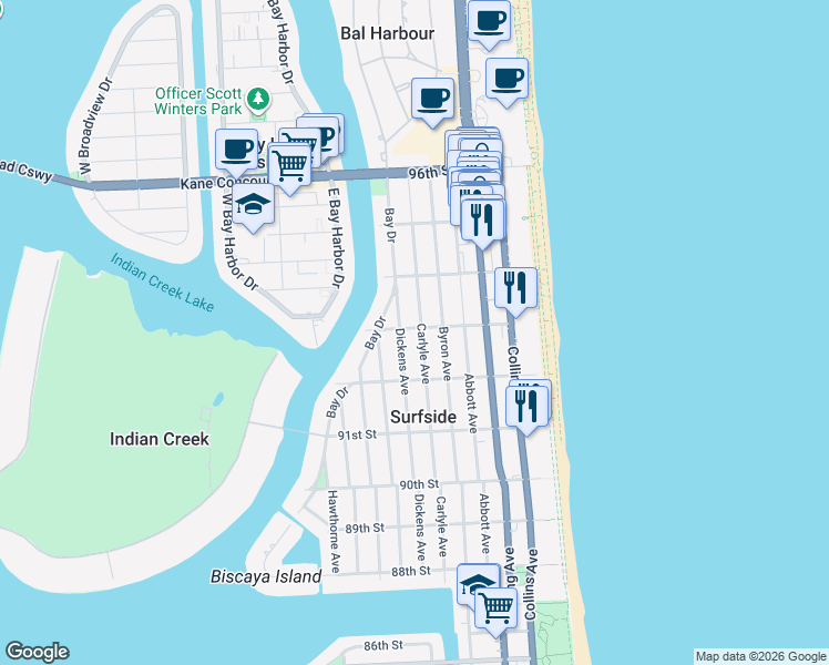 map of restaurants, bars, coffee shops, grocery stores, and more near 9265 Carlyle Avenue in Surfside