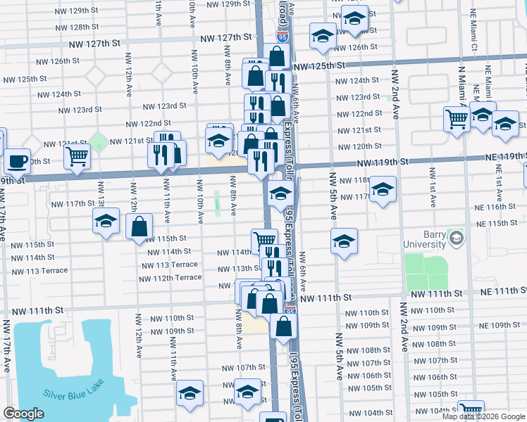 map of restaurants, bars, coffee shops, grocery stores, and more near 729 Northwest 116th Street in Miami