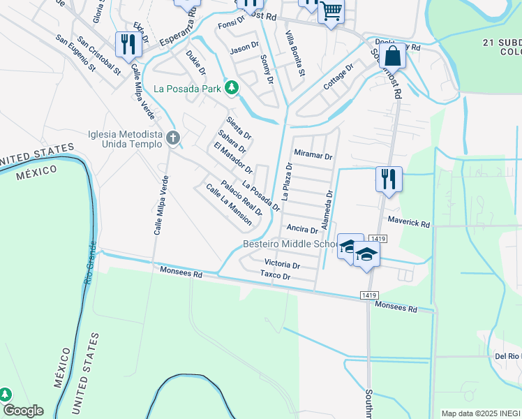 map of restaurants, bars, coffee shops, grocery stores, and more near 4686 Palacio Real in Brownsville